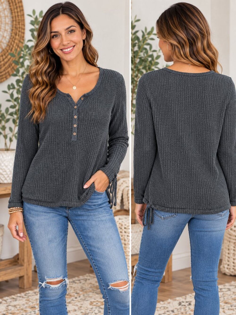 CHASER Emerald Green Waffle Knit Henley Style Top Long Sleeve Tee Medium NWT